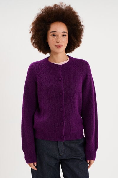 Gilet cardigan col rond boutonn&eacute; violet fonc&eacute; femme