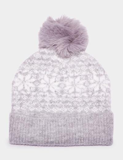 Bonnet à pompon fourrure et strass gris femme