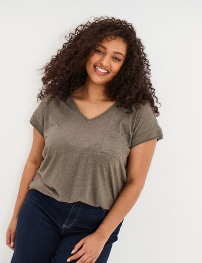 T-shirt effet chin&eacute; col en V avec poche vert kaki femme grande taille