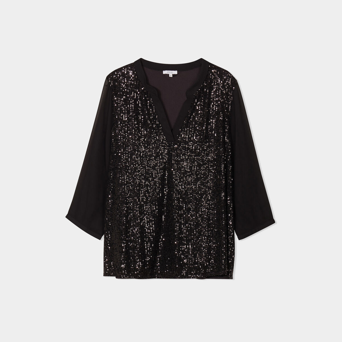 Blouse sequins manches 3/4 transparentes noir femme grande taille