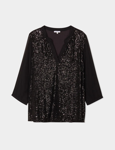 Blouse sequins manches 3/4 transparentes noir femme grande taille