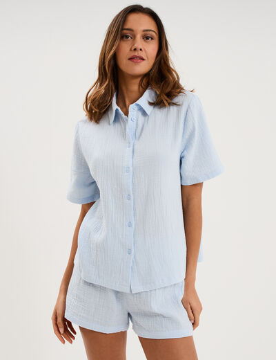 Ensemble pyjama chemise et short coton bleu ciel femme