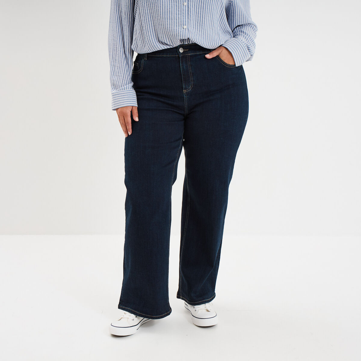 Jean taille haute wide leg cropped denim brut femme grande taille