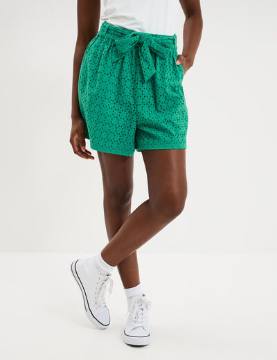 Short large broderie anglaise coton vert canard femme