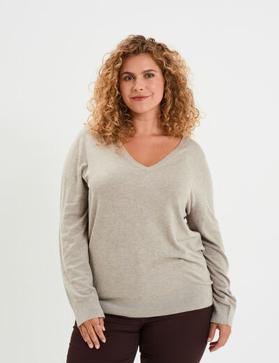 Pull col en V manches longues beige femme grande taille
