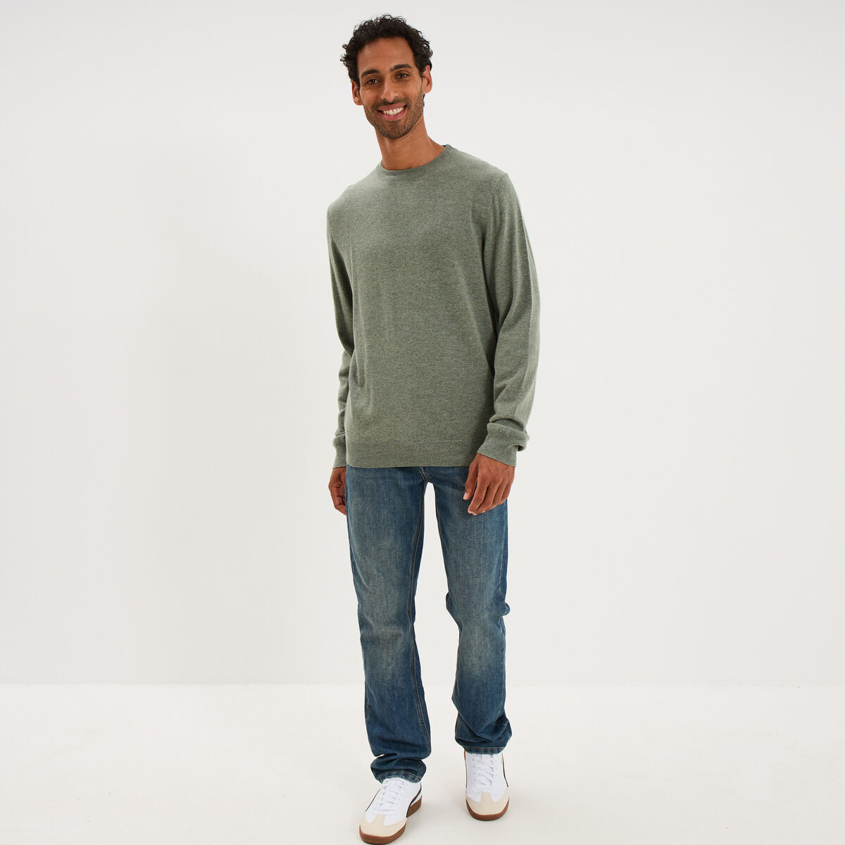 Pull col rond manches longues vert kaki homme