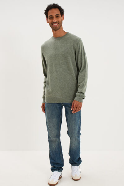 Pull col rond manches longues vert kaki homme