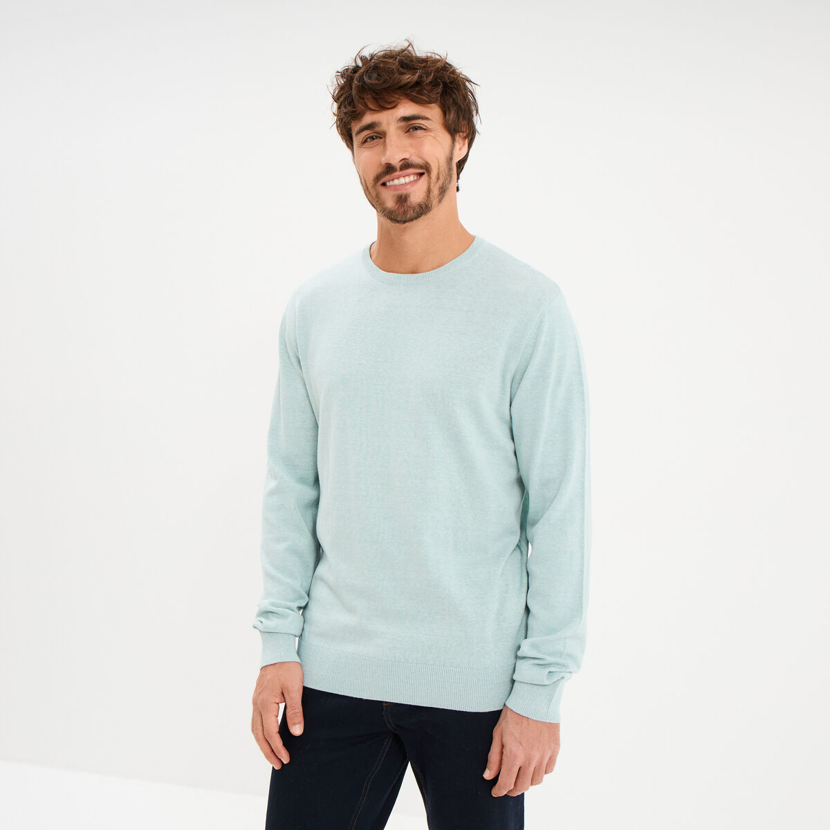 Pull droit col rond coton m&eacute;lang&eacute; bleu gris homme