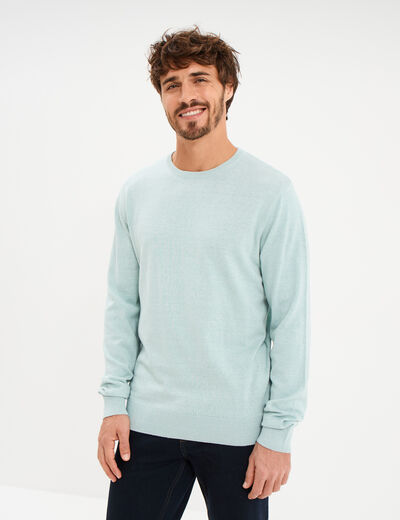 Pull droit col rond coton m&eacute;lang&eacute; bleu gris homme