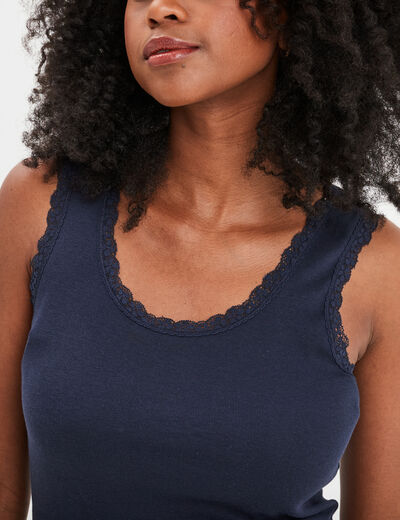 Débardeur coton bords dentelle bleu marine femme