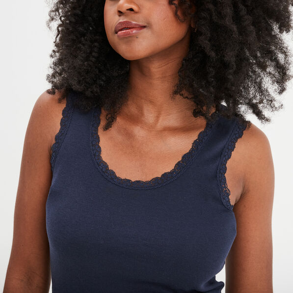 debardeur coton bords dentelle bleu marine femme Débardeur coton bords dentelle bleu marine femme