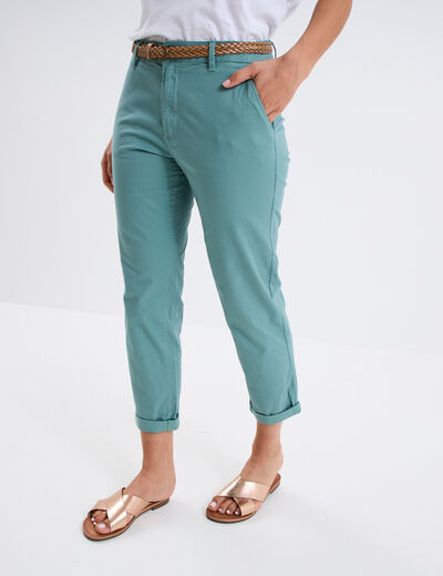 Pantalon chino 7/8ème ceinture tressée bleu gris femme