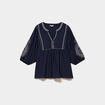 Blouse brod&eacute;e manches 3/4 col tunisien bleu fonc&eacute; femme grande taille