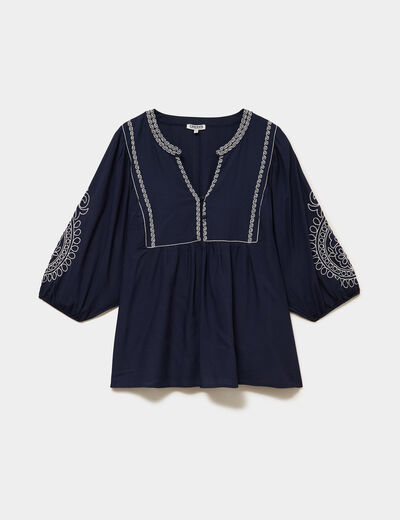 Blouse brod&eacute;e manches 3/4 col tunisien bleu fonc&eacute; femme grande taille