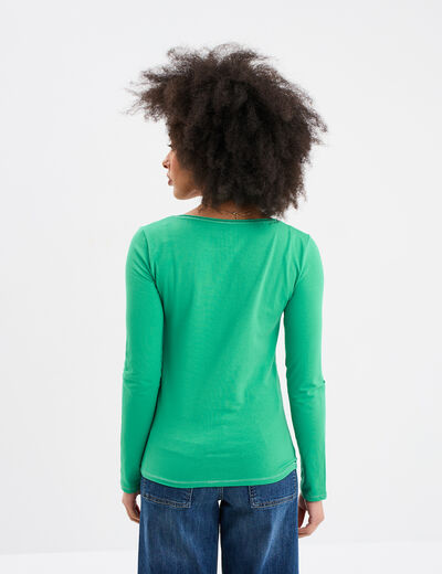 T-shirt manches longues col en V coton vert femme