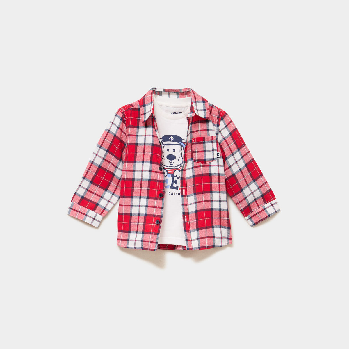 Ensemble 2 pi&egrave;ces chemise t-shirt coton rouge fonc&eacute; b&eacute;b&eacute; gar&ccedil;on