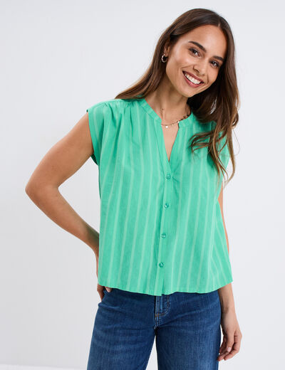 Blouse sans manches col tunisien coton vert menthe femme