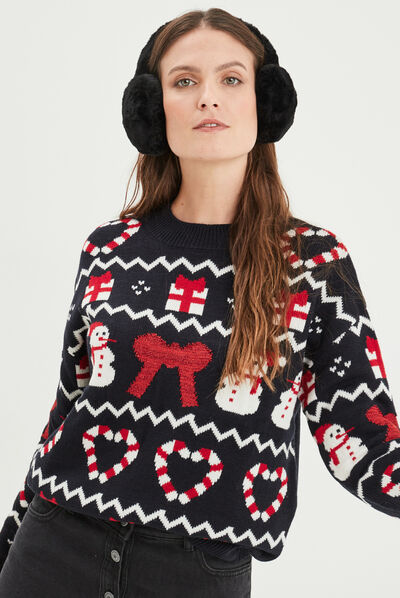 Pull de Noël manches longues et col rond bleu marine femme
