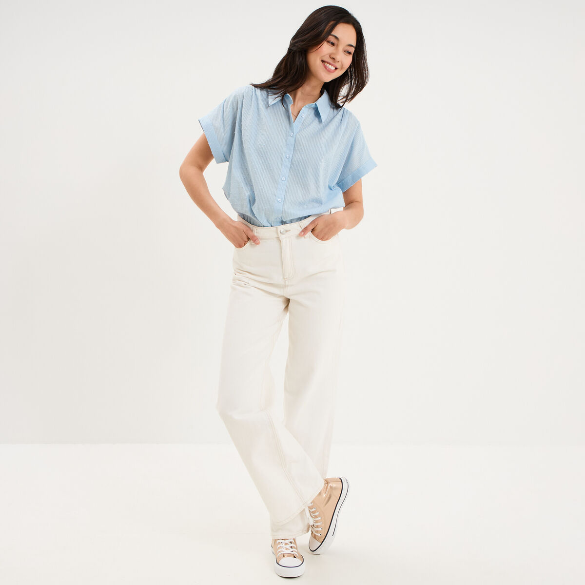 Chemise manches courtes coton bleu clair femme
