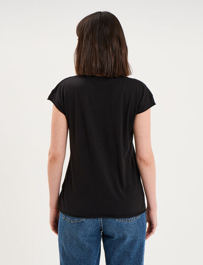 T-shirt col v poche poitrine noir femme