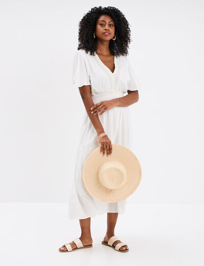 Robe en crêpe manches papillons col en V blanc femme