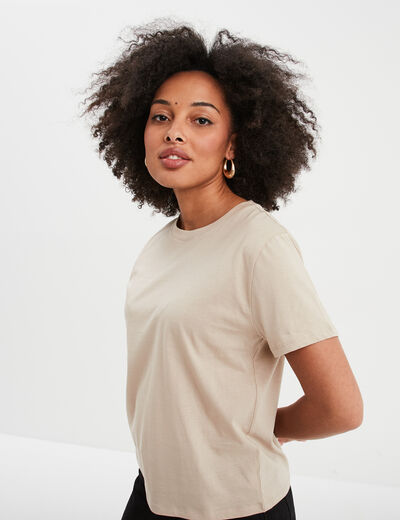 T-shirt col rond manches courtes coton beige femme