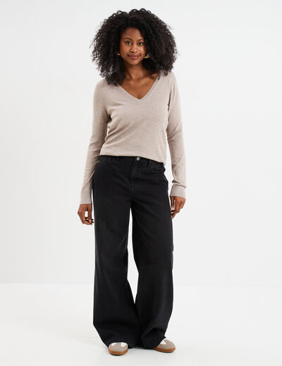 Pull col en V manches longues beige femme