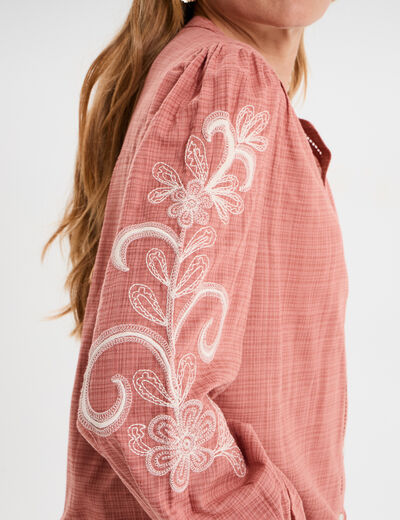 Blouse col tunisien manches brodées vieux rose femme