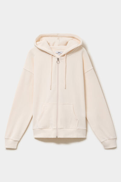 Sweat zipp&eacute; &agrave; capuche beige femme