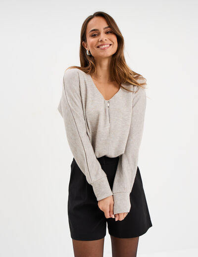 Pull chauve-souris col en V détail zippé sable femme