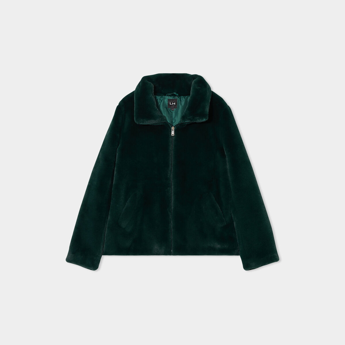 Veste fausse fourrure zippée vert foncé femme