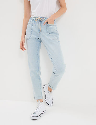 Jeans droit cropped taille &eacute;lastiqu&eacute;e denim triple stone femme