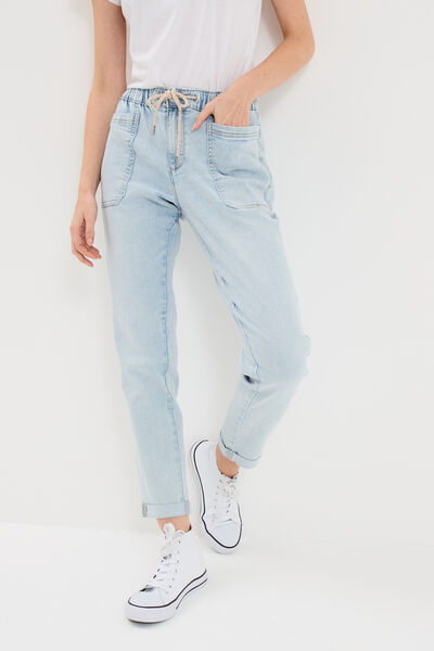 Jeans droit cropped taille &eacute;lastiqu&eacute;e denim triple stone femme