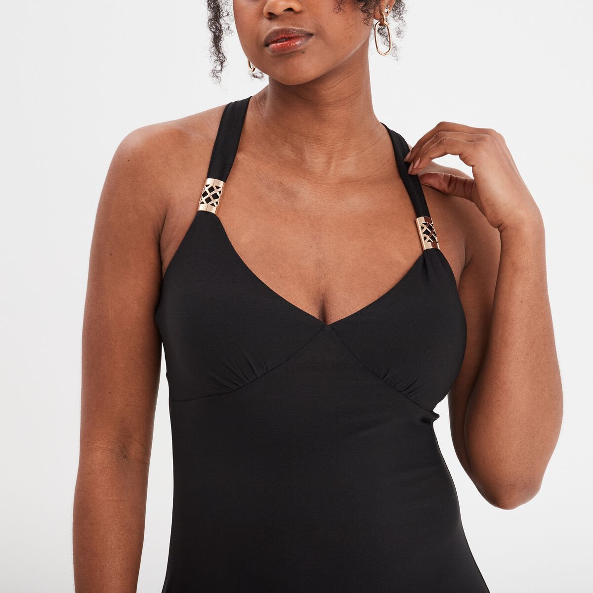 Robe longue à bretelles avec coques noir femme