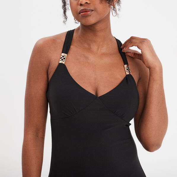 robe longue a bretelles avec coques noir femme Robe longue à bretelles avec coques noir femme