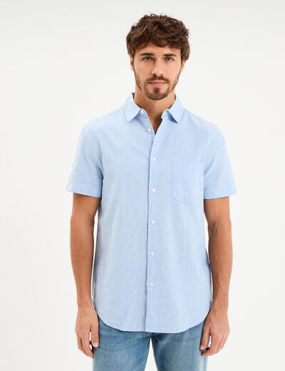 Chemise manches courtes lin m&eacute;lang&eacute; bleu ciel homme