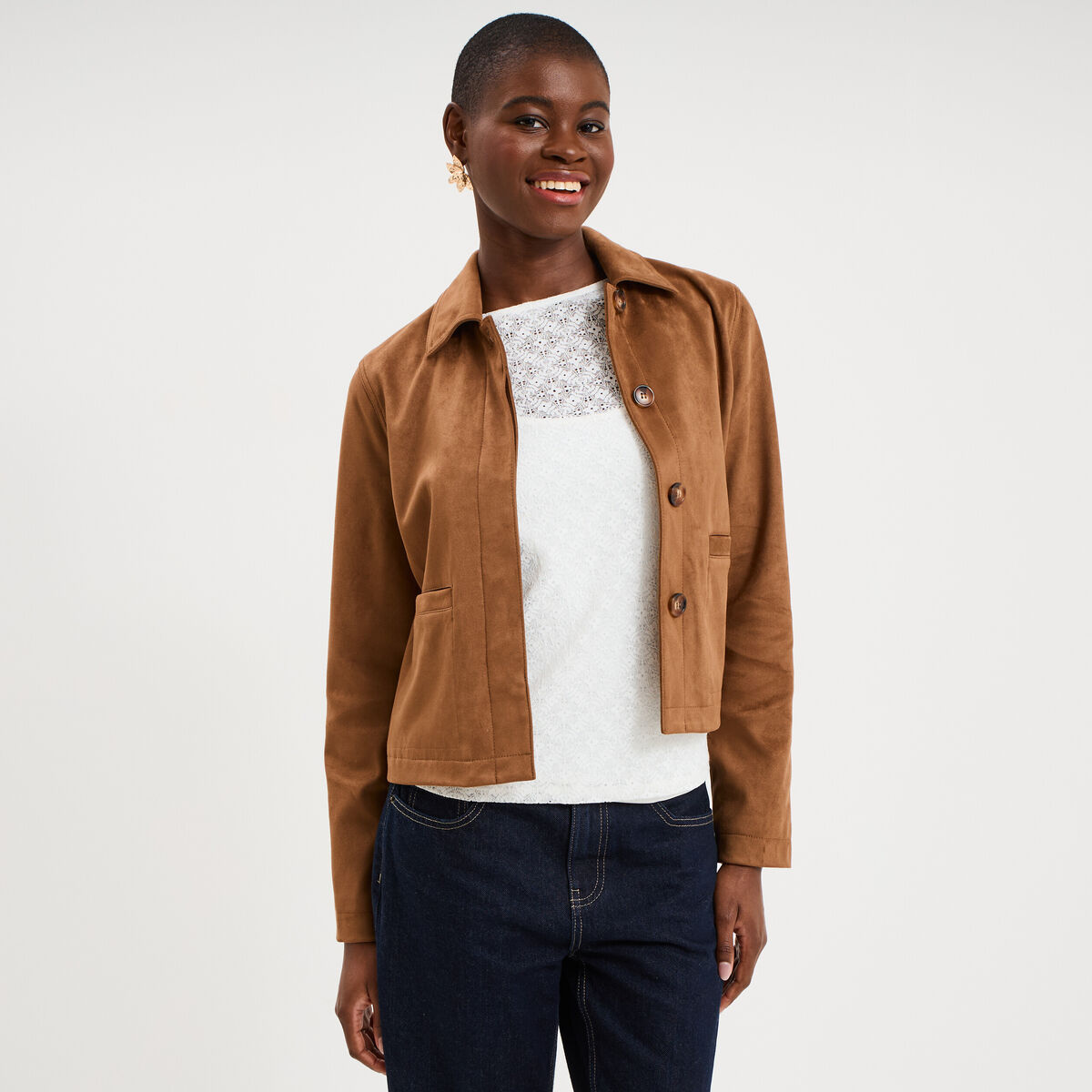 Veste courte effet su&eacute;dine marron femme