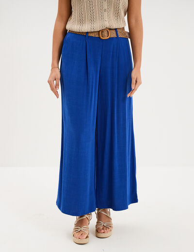 Pantalon large &agrave; pinces ceinture tress&eacute;e bleu electrique femme