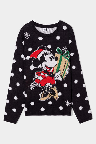 Pull de Noël col rond Minnie noir femme