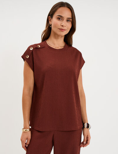 T-shirt gaufr&eacute; col rond avec boutons bordeaux femme