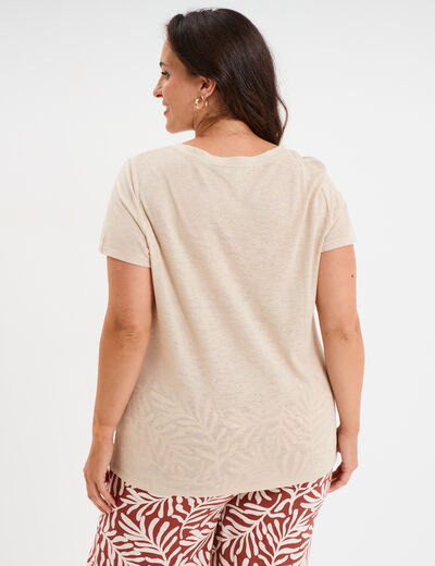 T-shirt col en V manches courtes beige femme grande taille