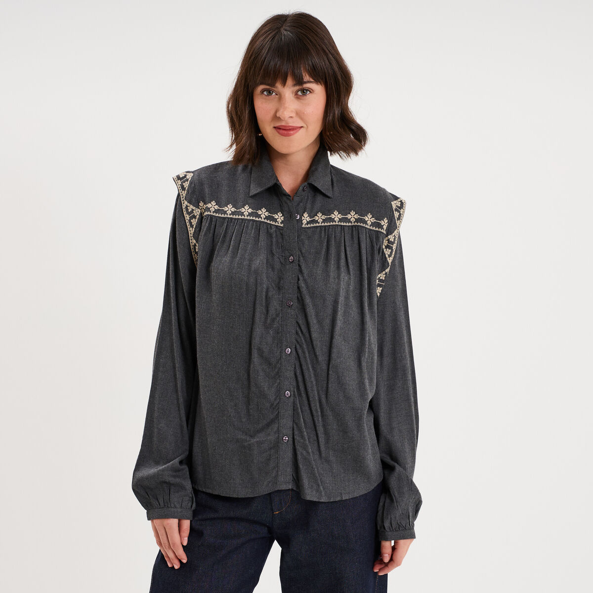 Blouse brod&eacute;e manches longues gris fonc&eacute; femme