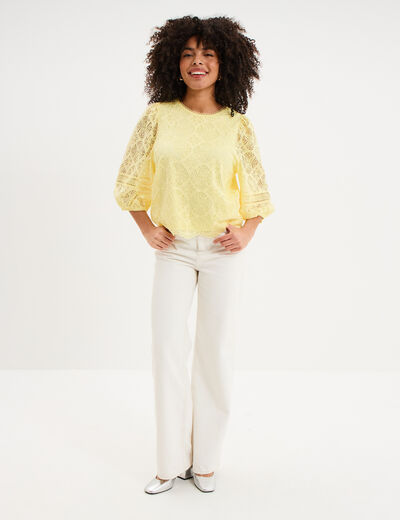 Blouse dentelle manches 3/4 jaune clair femme