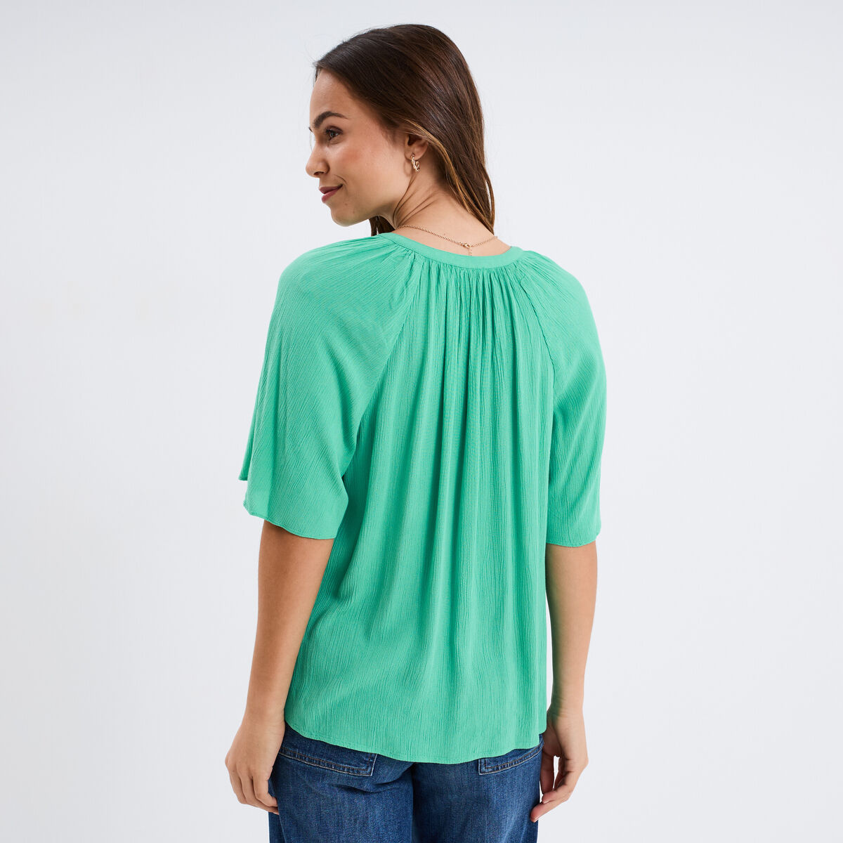 Blouse manches papillons col tunisien vert menthe femme