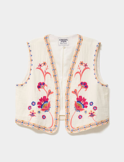 Veste brod&eacute;e sans manches coton creme femme