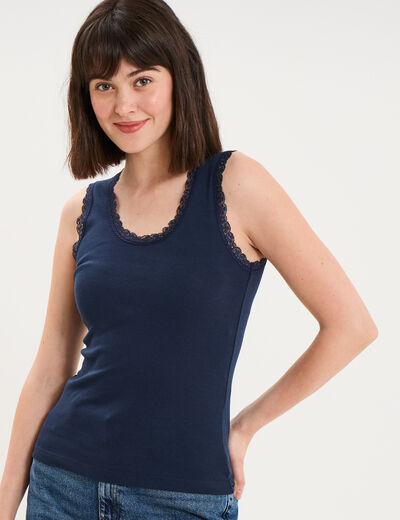 D&eacute;bardeur coton bords dentelle bleu marine femme