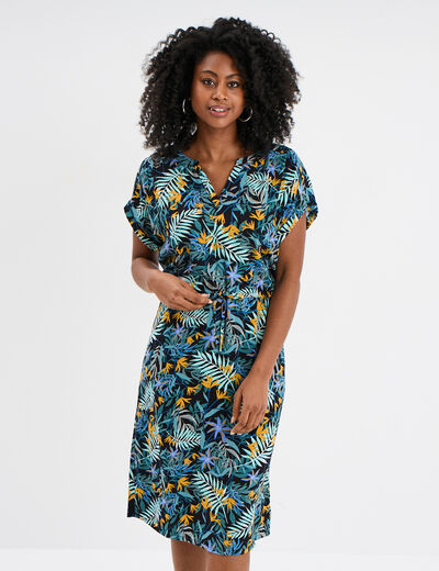 Robe courte col tunisien manches courtes noir femme