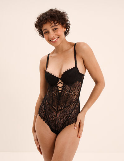 Body padd&eacute; dentelle avec la&ccedil;age noir femme