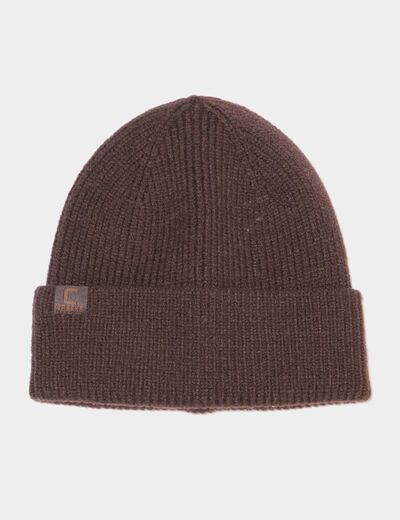 Bonnet avec bord &agrave; revers tricot&eacute; marron fonc&eacute; homme