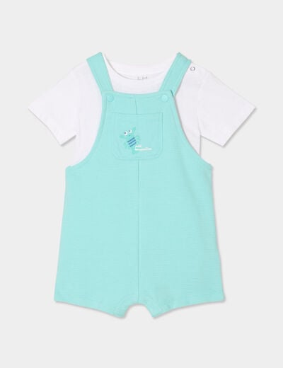 Ensemble 2 pièces avec salopette coton bleu turquoise bébé garçon
